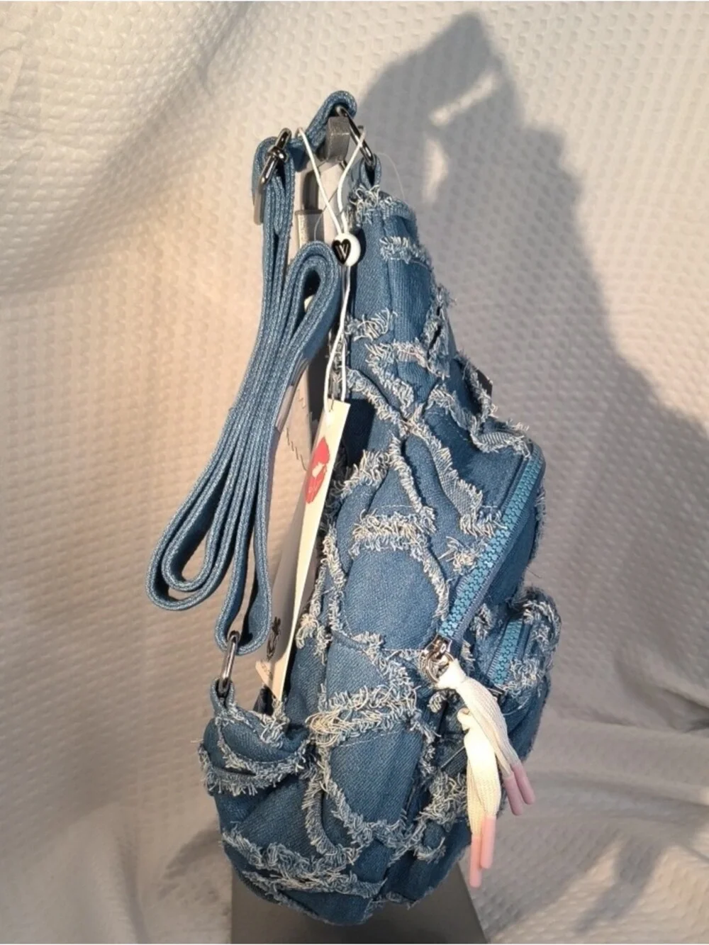 Wildfox Frayed Denim Blue Mini Backpack Crossbody